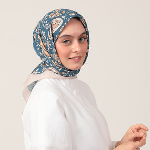 Pamuk İpek Eşarp - Etnik Floral Desen - Vizon Mavi