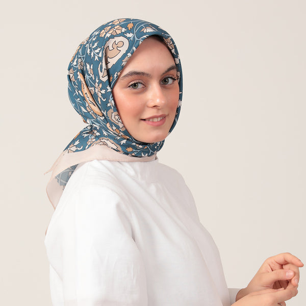 Pamuk İpek Eşarp - Etnik Floral Desen - Vizon Mavi