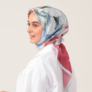 Pamuk İpek Eşarp - Lotus Desen - Vişne