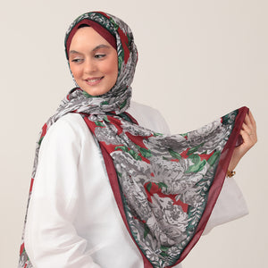 Pamuk İpek Şal - Floral Desen - Bordo