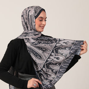 Pamuk İpek Şal - Etnich Desen - Lacivert Vizon