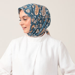 Pamuk İpek Eşarp - Etnik Floral Desen - Vizon Mavi