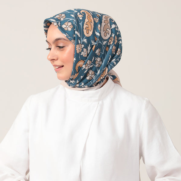 Pamuk İpek Eşarp - Etnik Floral Desen - Vizon Mavi