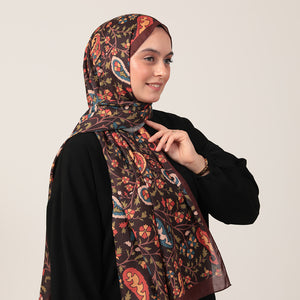 Pamuk İpek Şal - Etnik Floral Desen - Kahverengi