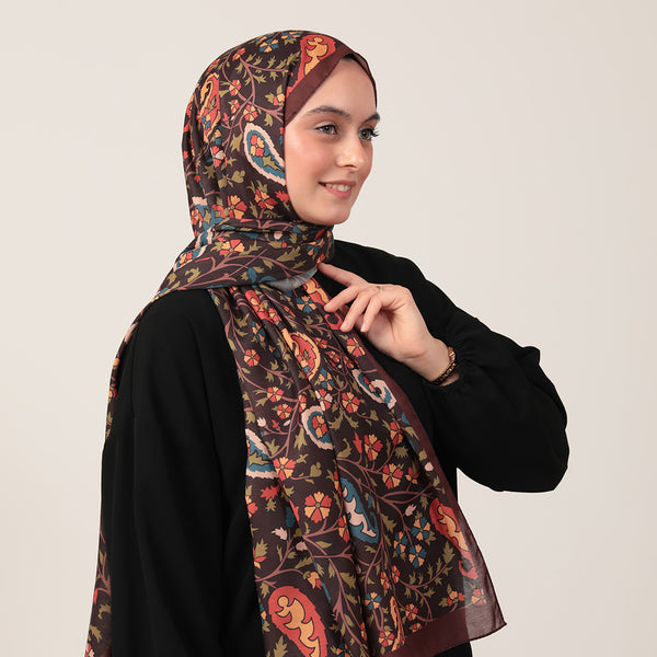 Pamuk İpek Şal - Etnik Floral Desen - Kahverengi