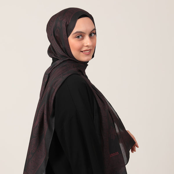 Pamuk İpek Şal - Mistik Desen - Siyah Bordo