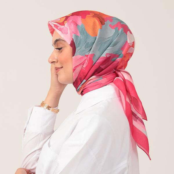 Pamuk İpek Eşarp - Rose Desen - Fuşya