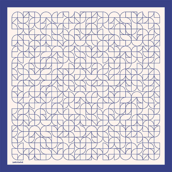 Pamuk İpek Eşarp - Geometrik Desen - Saks Mavisi