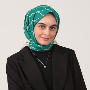 Pamuk İpek Eşarp - Dalga Desen - Zümrüt Yeşili