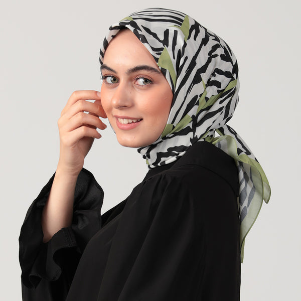 Pamuk İpek Eşarp - Zebra Desen - Yağ Yeşili