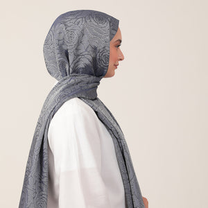 İpeksi Çift Taraflı Jakar Şal - Rose Desen - Mavi