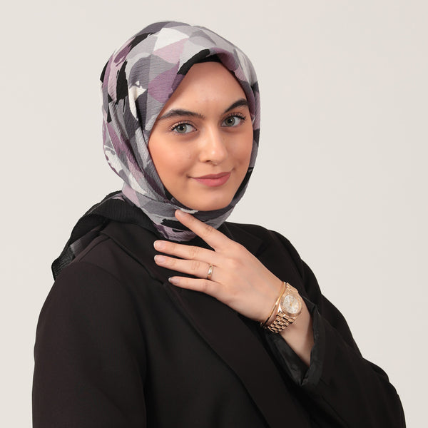 Pamuklu Bürümcük Eşarp - Üçgen Desen - Siyah Lila