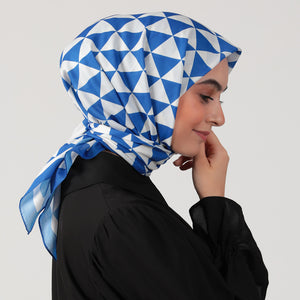 Pamuk İpek Eşarp - Üçgen Desen - Saks Mavi