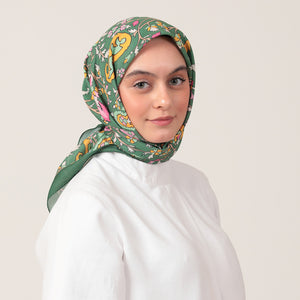 Pamuk İpek Eşarp - Etnik Floral Desen - Haki Yeşili