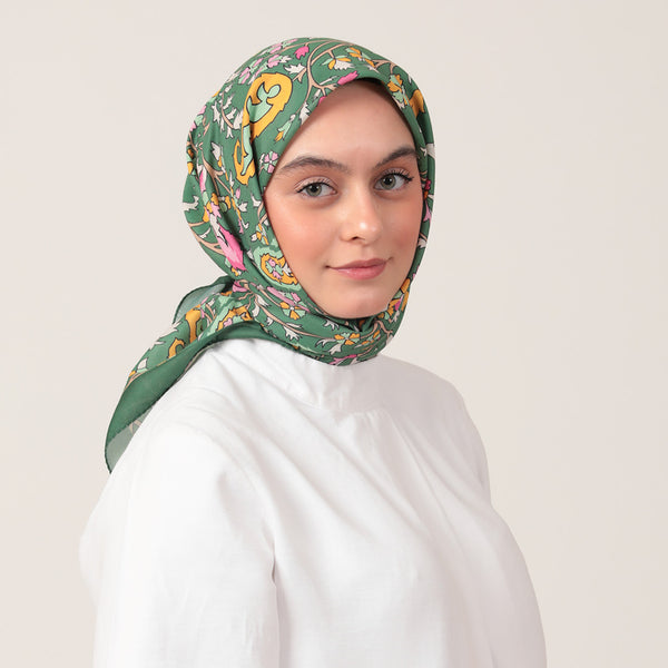 Pamuk İpek Eşarp - Etnik Floral Desen - Haki Yeşili