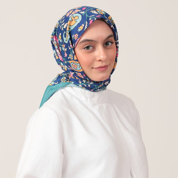 Pamuk İpek Eşarp - Etnik Floral Desen - Okyanus Mavisi