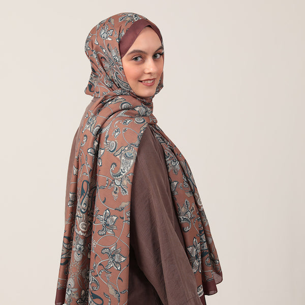 Pamuk İpek Şal - Paisley Çiçek Desen - Tarçın