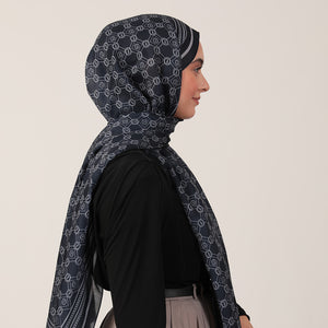 Pamuk İpek Şal - Monogram Desen - Lacivert Gri