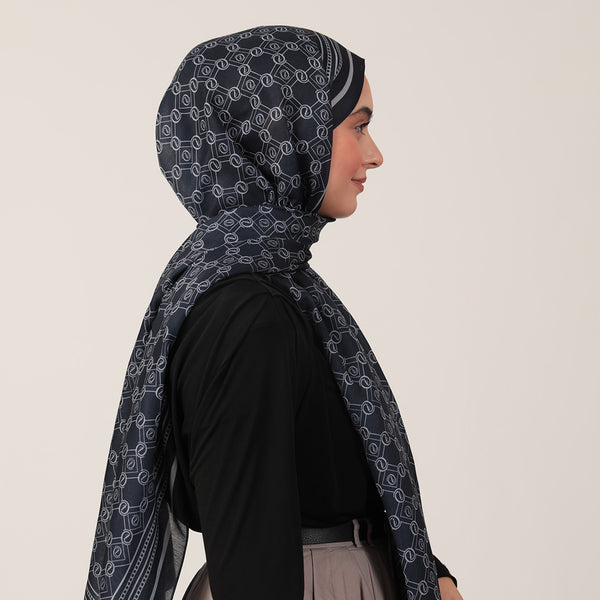Pamuk İpek Şal - Monogram Desen - Lacivert Gri