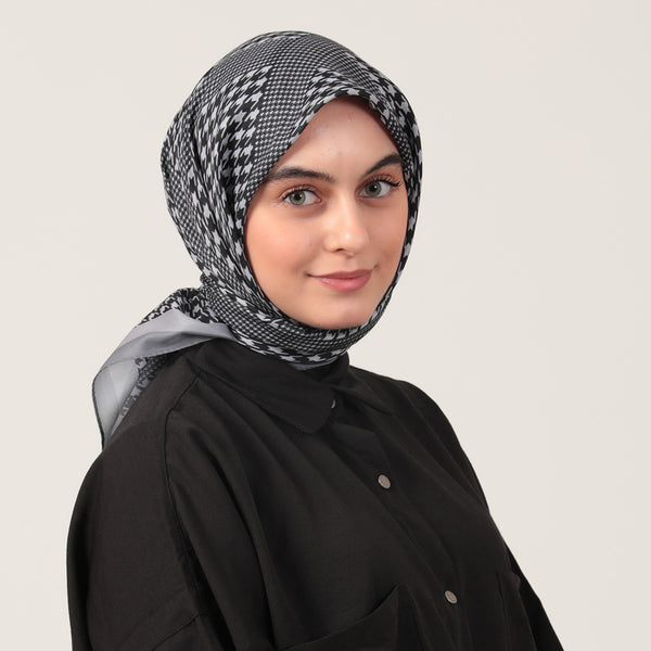 Pamuk İpek Eşarp - Minik Kazayağı Desen - Füme