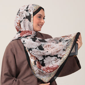 Pamuk İpek Şal - Floral Desen - Siyah Kahve