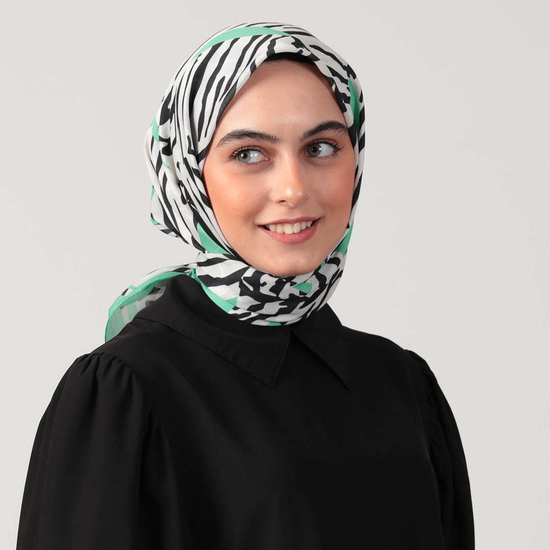 Pamuk İpek Eşarp - Zebra Desen - Yeşil