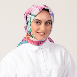 Pamuk İpek Eşarp - Lotus Desen - Fuşya Yeşil