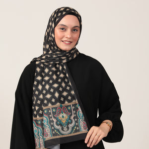 Pamuk İpek Şal - Orient Desen - Siyah Sarı