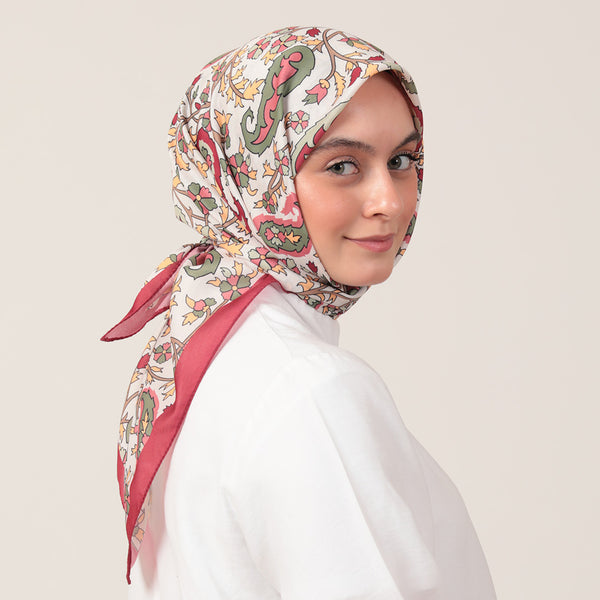 Pamuk İpek Eşarp - Etnik Floral Desen - Bordo