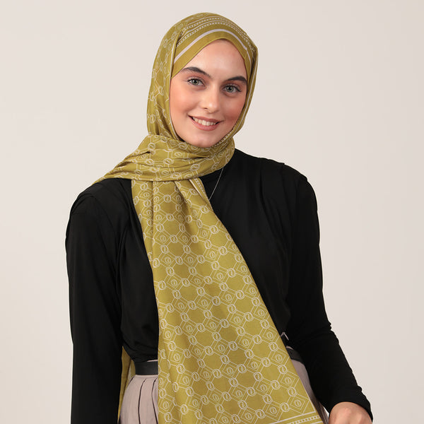 Pamuk İpek Şal - Monogram Desen - Olive