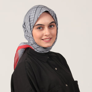 Pamuk İpek Eşarp - Minik Kazayağı Desen - Gri Kırmızı