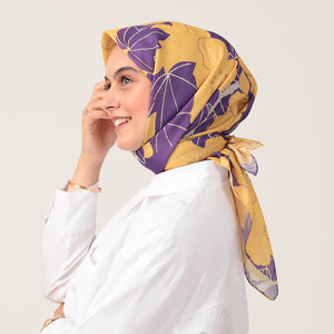 Pamuk İpek Eşarp - Manolya Desen - Sarı Lila