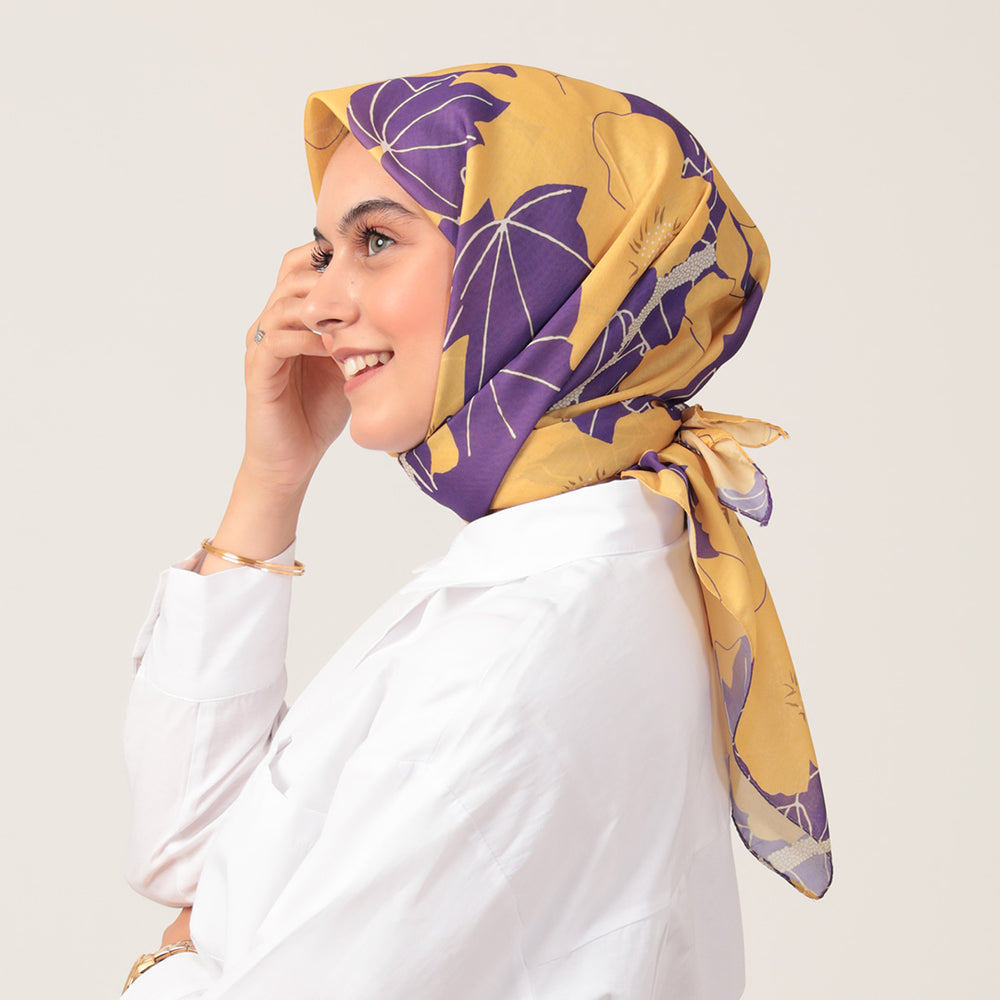 Pamuk İpek Eşarp - Manolya Desen - Sarı Lila