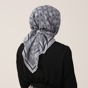 Pamuk İpek Eşarp - Monogram Desen - Gri Lacivert