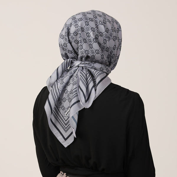 Pamuk İpek Eşarp - Monogram Desen - Gri Lacivert