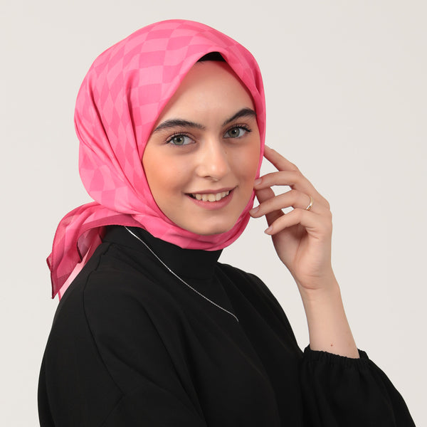 Pamuk İpek Eşarp - Dama Desen - Fuşya