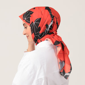 Pamuk İpek Eşarp - Manolya Desen - Kırmızı Siyah