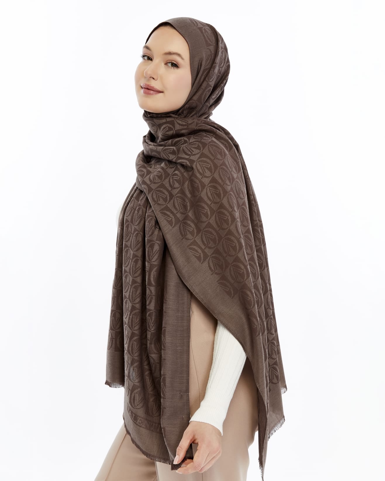 Lana Dama Desen Şal - Tatlı Kahve