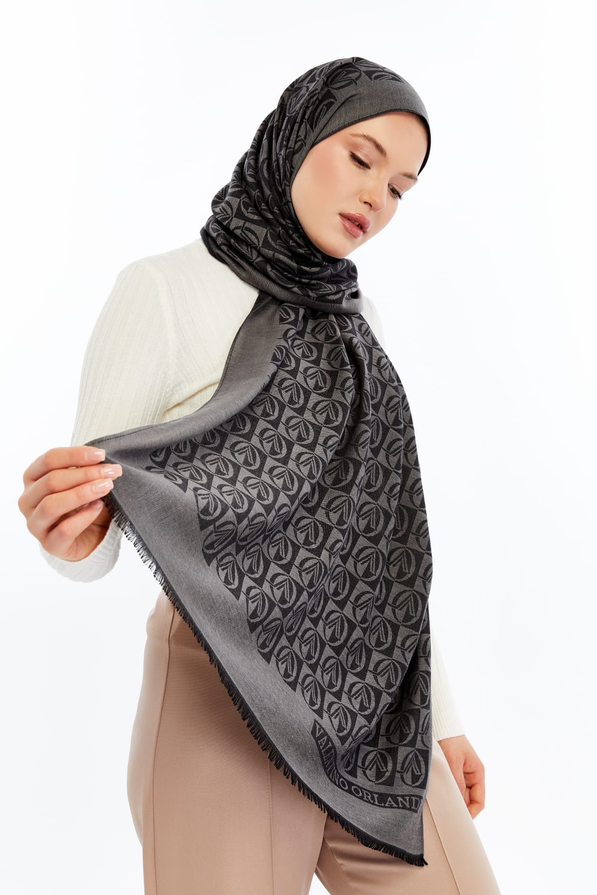 Lana Dama Desen Şal - Koyu Gri