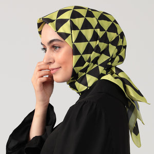Pamuk İpek Eşarp - Üçgen Desen - Neon Yeşil