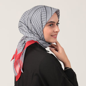 Pamuk İpek Eşarp - Minik Kazayağı Desen - Gri Kırmızı