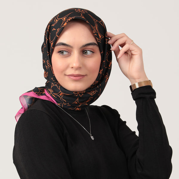 Pamuk İpek Eşarp - Yonca Desen - Siyah Oranj