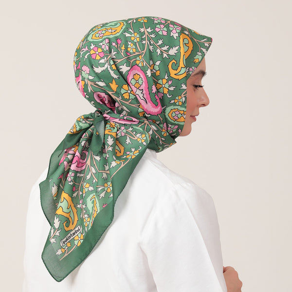 Pamuk İpek Eşarp - Etnik Floral Desen - Haki Yeşili