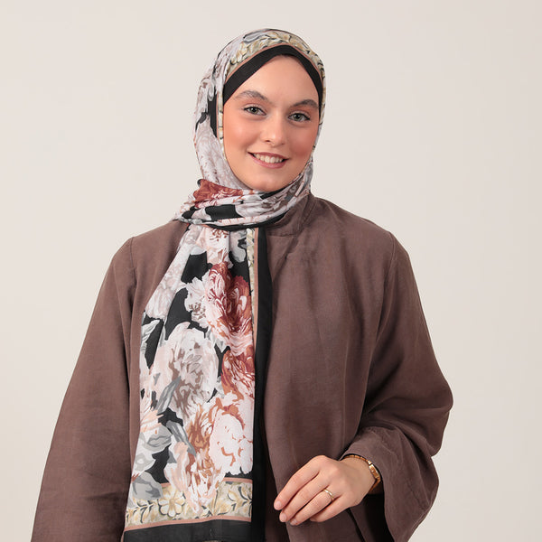 Pamuk İpek Şal - Floral Desen - Siyah Kahve