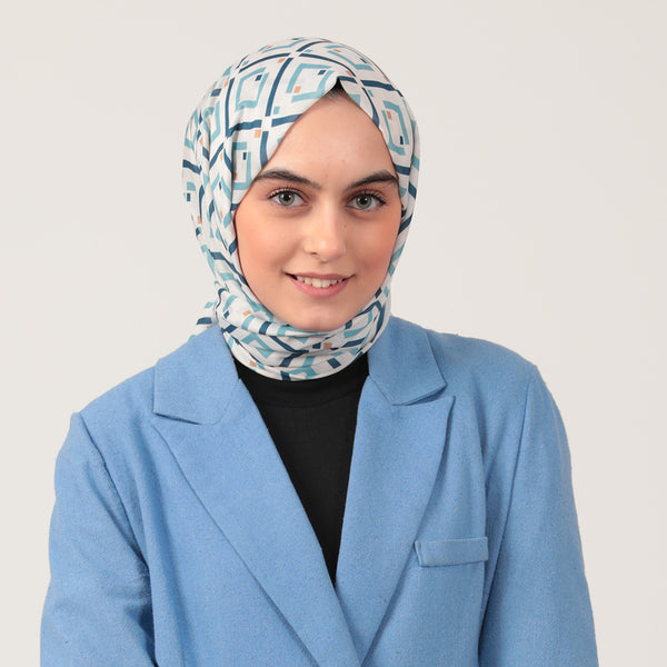 Pamuk İpek Şal - Yeni Baklava Desen - Petrol Mavisi