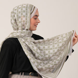 Pamuk İpek Şal - Monogram Desen - Krem Olive