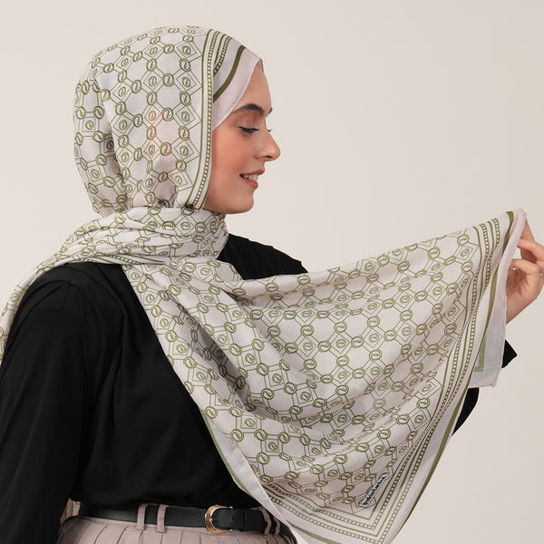 Pamuk İpek Şal - Monogram Desen - Krem Olive