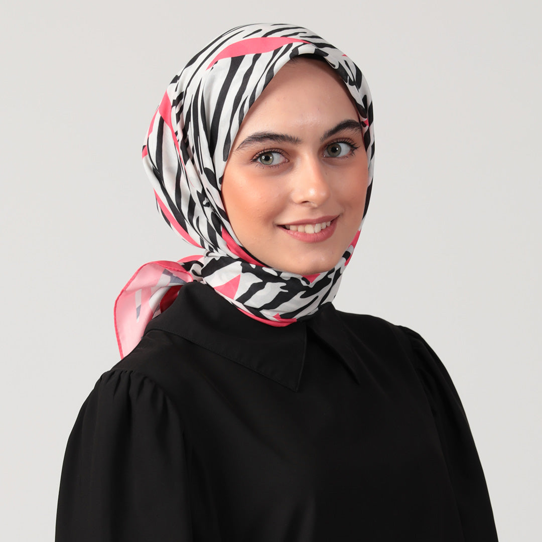 Pamuk İpek Eşarp - Zebra Desen - Fuşya