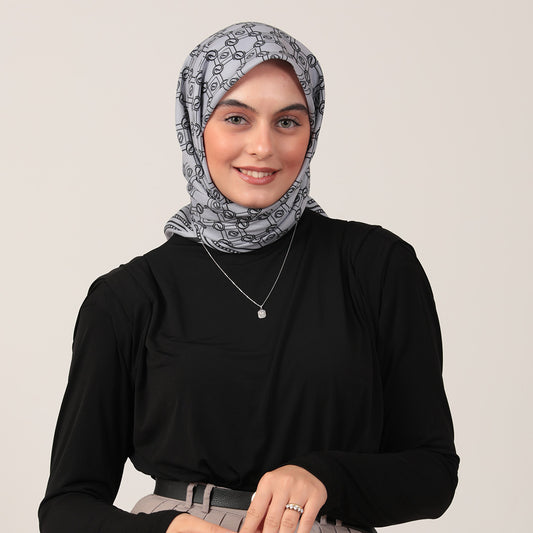 Pamuk İpek Eşarp - Monogram Desen - Gri Siyah