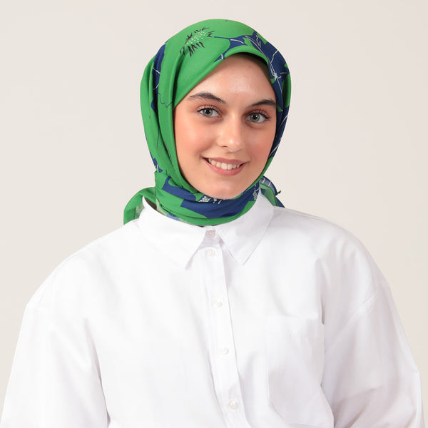 Pamuk İpek Eşarp - Manolya Desen - Fıstık Yeşili